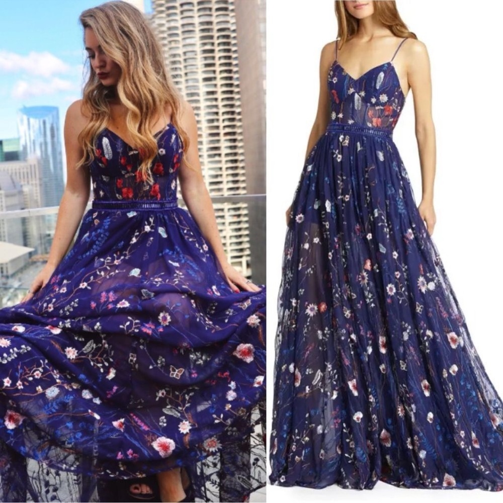NWT Mac Duggal 62989 Blue Embroidered Floral Tulle Bustier Maxi Gown Dress